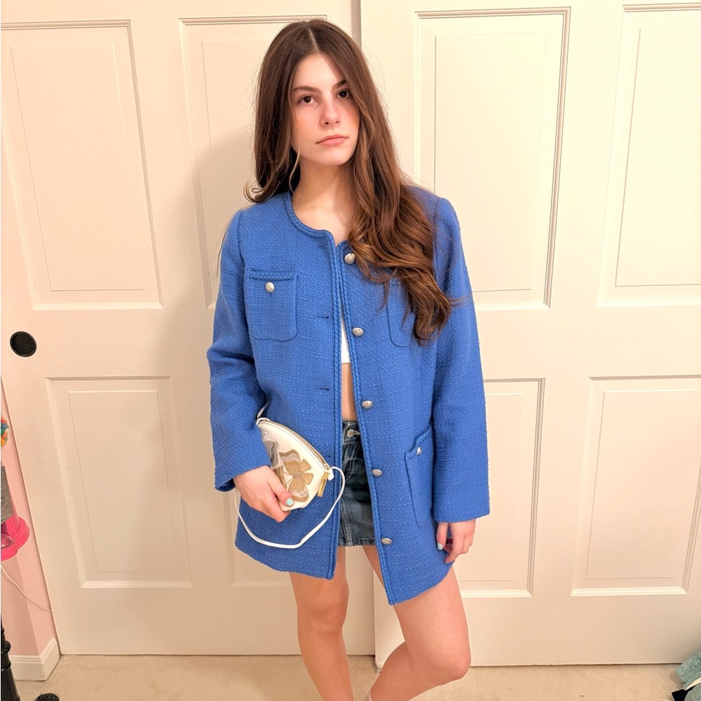 Talbots Blue Tweed Jacket Blazer Coat with Gold Buttons